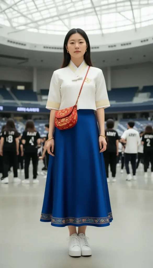 Korean-American woman in a Hanbok-inspired modern silk skirt and white cropped jacket at a BTS stadium show atrium