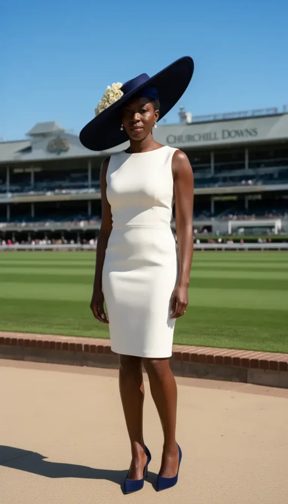Black woman wearing a deep navy asymmetric brim hat with ivory flowers at the Kentucky Derby grandstand exterior