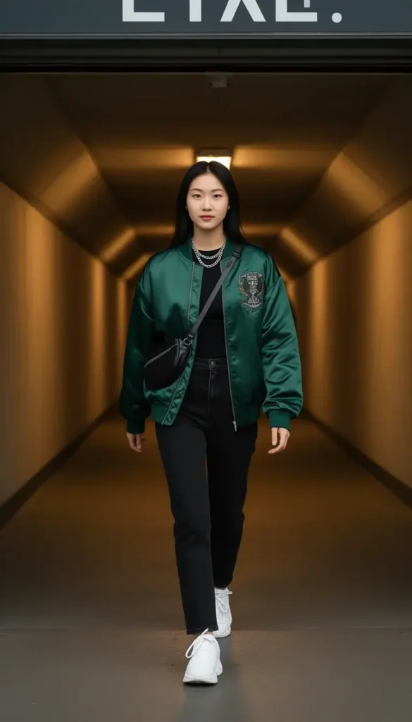 East Asian woman in a forest green oversized satin bomber jacket entering a BTS stadium through a tunnel