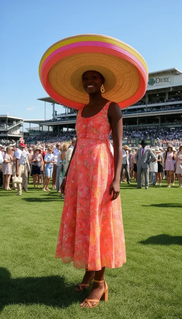 Tall Black woman in an oversized natural sisal wide-brim hat with a colorful ribbon band on the Kentucky Derby lawn