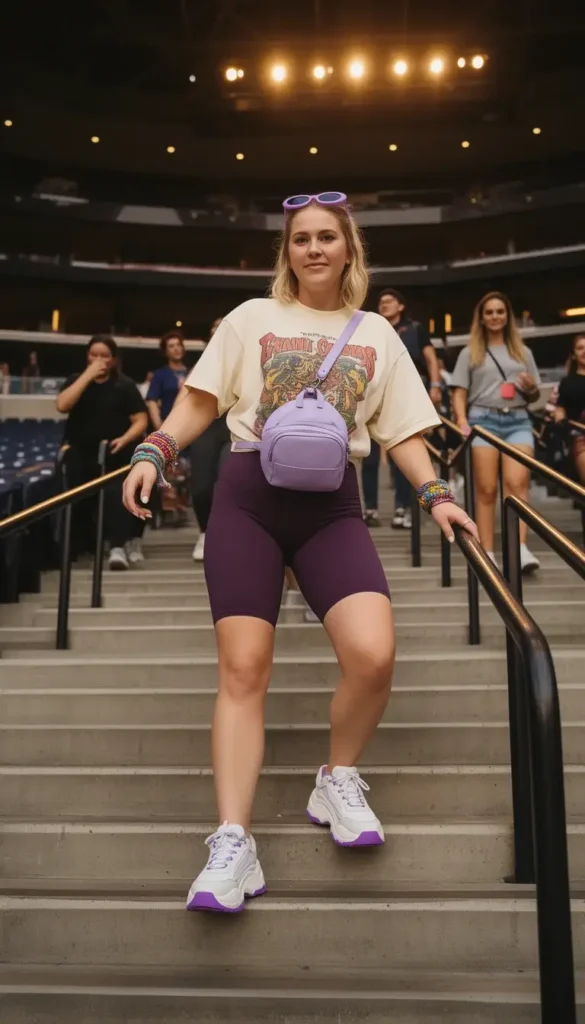 Woman in an oversized graphic tee, biker shorts, and platform trainers wearing a comfort-first BTS ARMY concert outfit
