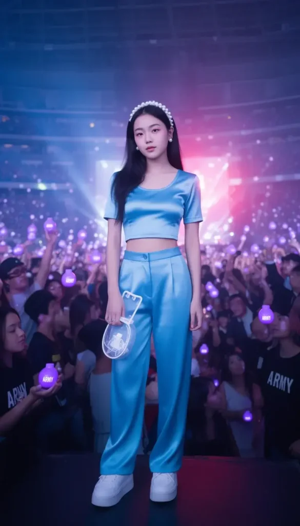 Young woman in a powder blue satin two-piece set and pearl accessories glowing under BTS stage lighting