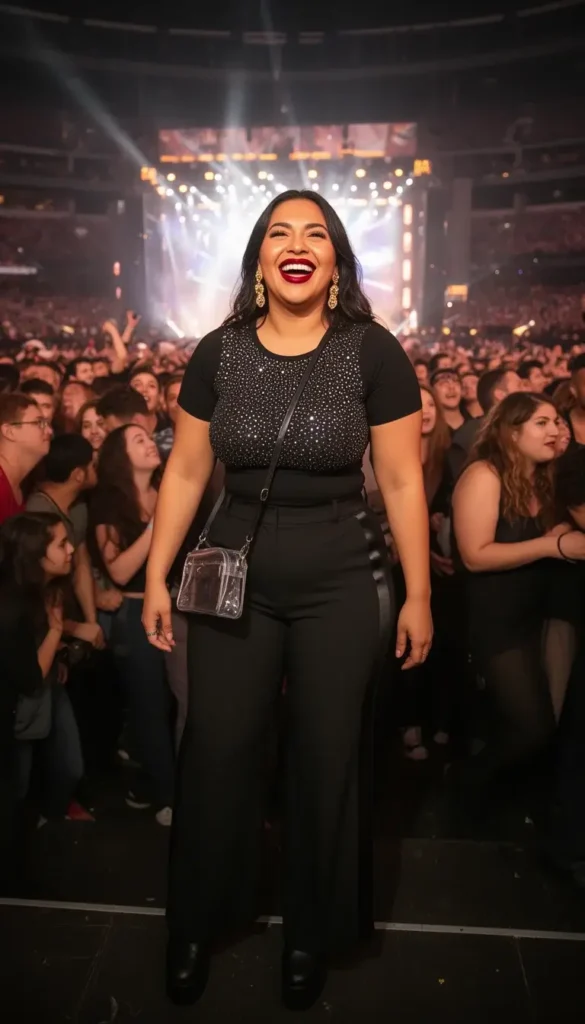 Curvy woman in a rhinestone-embellished top and wide-leg trousers in the floor pit at a BTS stadium concert