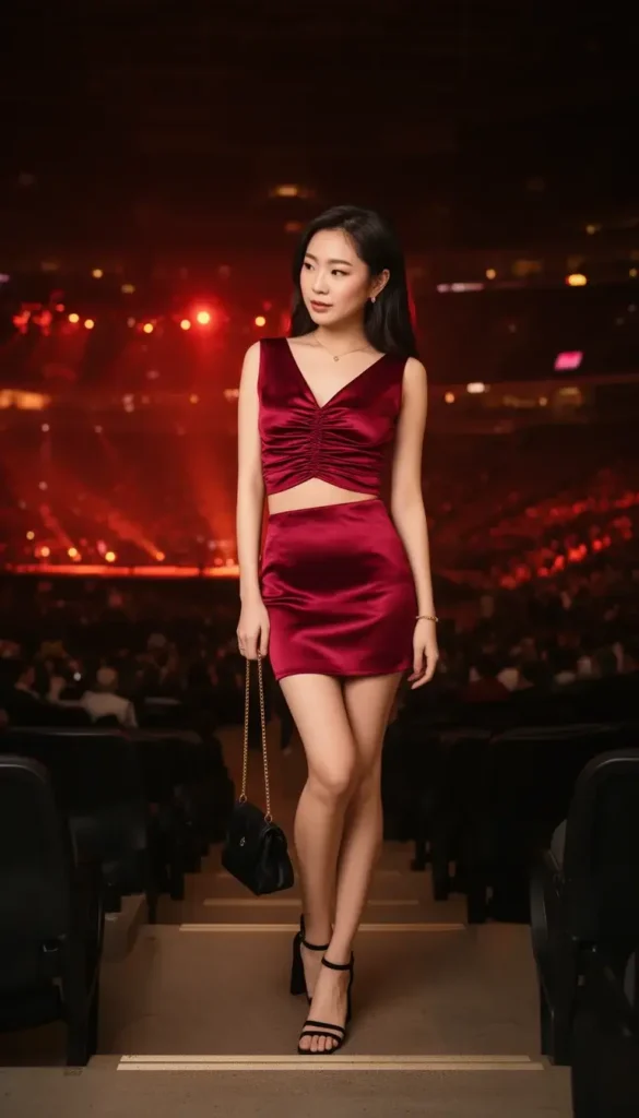 Asian woman in a ruby red matching satin crop top and mini skirt at a Bruno Mars concert