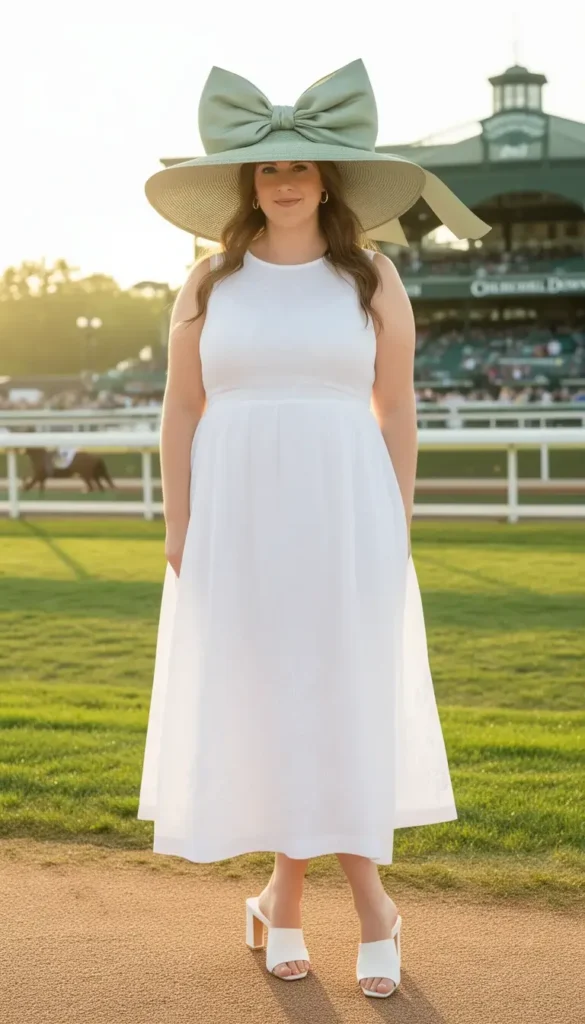 Woman in a pale sage wide-brim hat with a large looped silk ribbon bow at the Kentucky Derby paddock