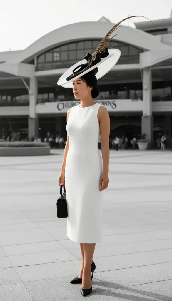 Asian woman wearing a sculptural white and black architectural fascinator at the Kentucky Derby entrance plaza