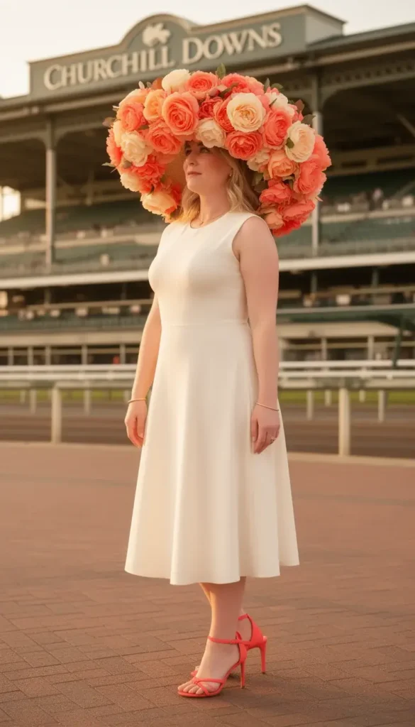 Woman wearing a wide-brim hat completely covered in silk roses and peonies at the Kentucky Derby grandstand
