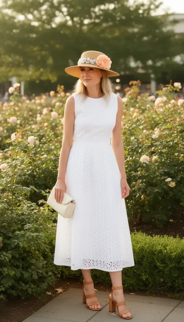 Woman in a natural straw small-brim hat with a peach peony at the Kentucky Derby garden area