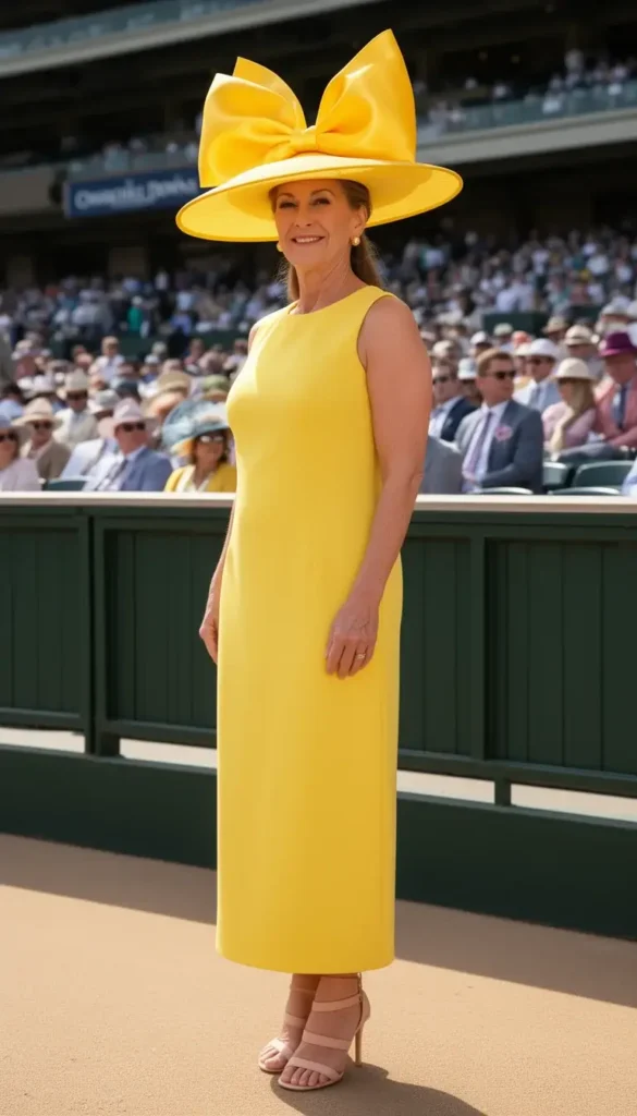 Woman wearing a vivid yellow wide-brim hat with an upturned brim and oversized satin bow at Kentucky Derby box seats