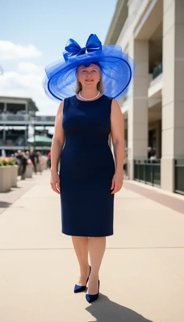Woman wearing a cobalt blue tulle halo brim hat with a satin bow at the Kentucky Derby