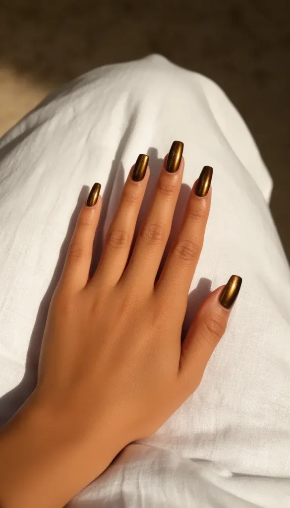 Bronze metallic coffin nails clasped together on white linen in direct summer sunlight.