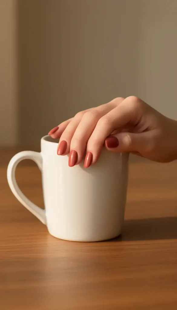 erracotta-coral oval nails resting on a white ceramic mug in warm morning light.
