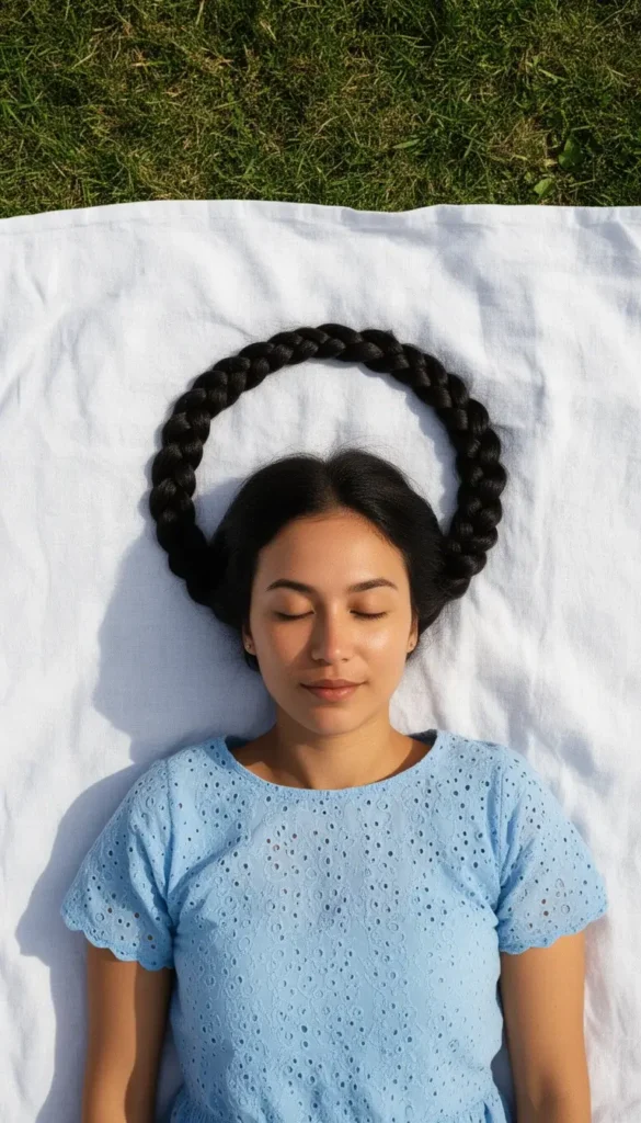 Overhead shot of a woman with a thick natural halo braid lying on a white linen picnic blanket in a summer park.