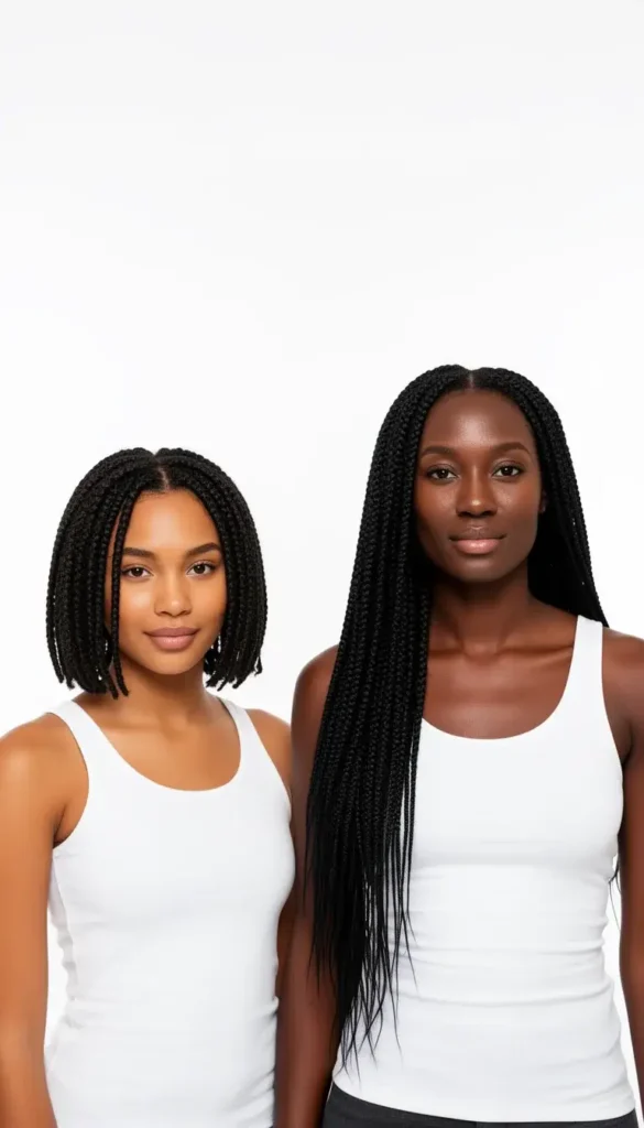 Side-by-side studio editorial showing bob-length knotless braids on the left and extra-long knotless braids on the right.