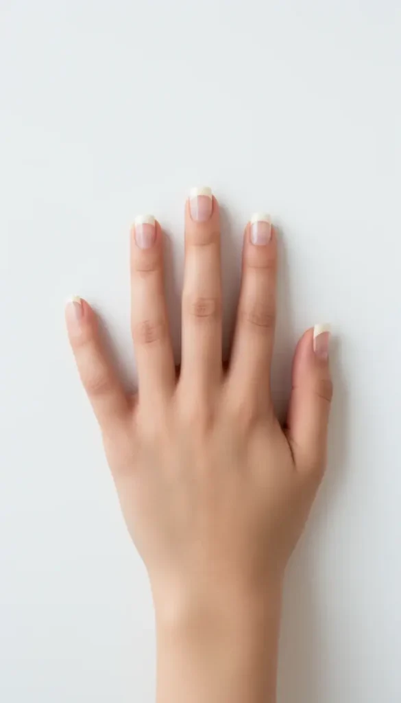 Short square nails with micro French cream tips on a milky base photographed from above in soft studio light.