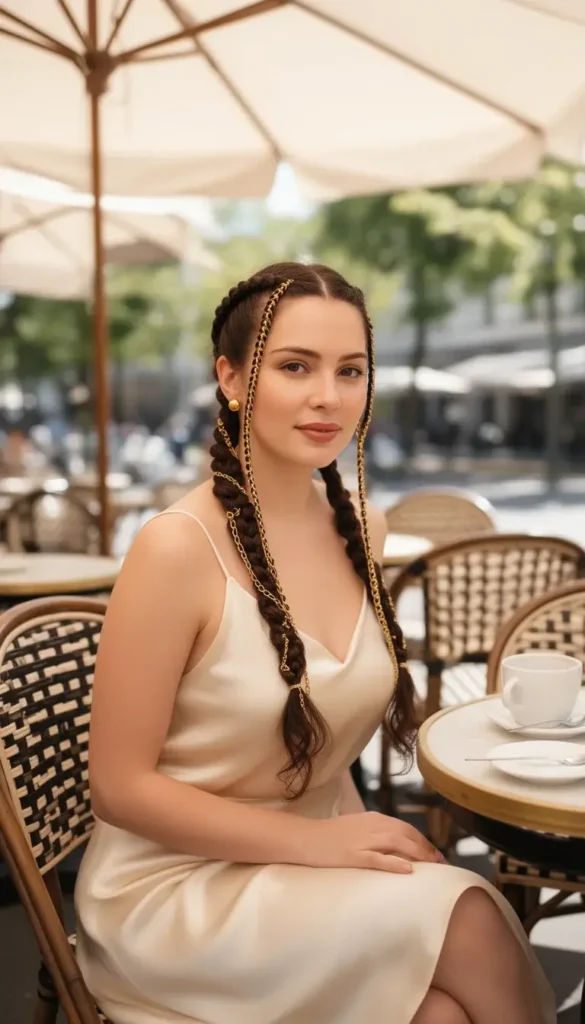 Woman with double Dutch braids threaded with gold chain seated at an outdoor café in a cream silk slip dress.
