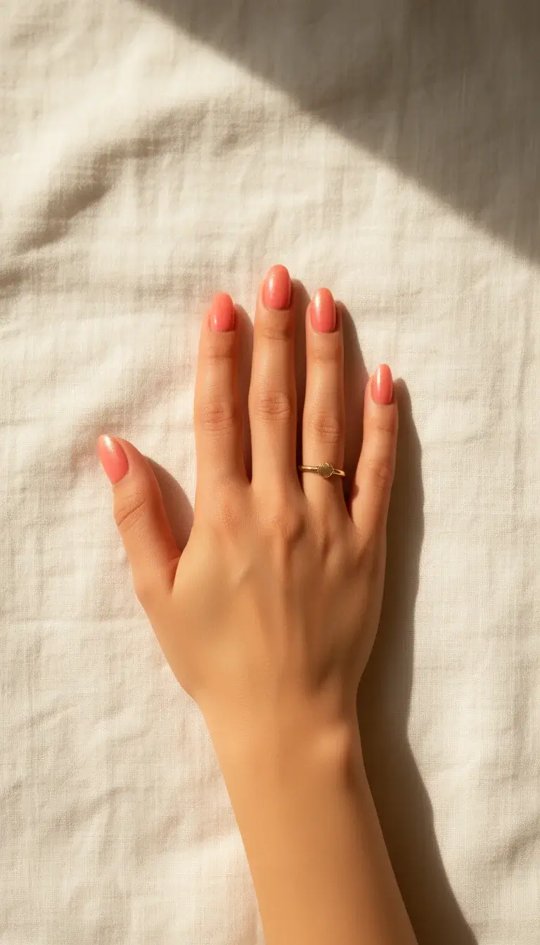 Medium oval coral-pink nails with a peachy shimmer on white linen, styled with a gold ring.