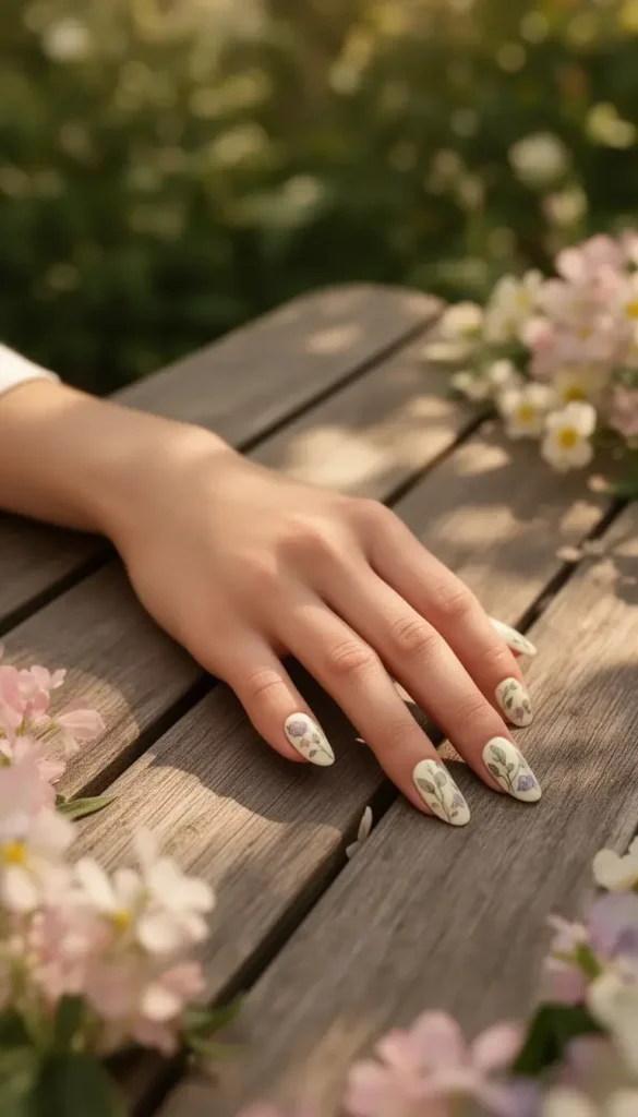 Short oval botanical press-on nails with watercolour floral art on a cream base, photographed on a wooden garden table.