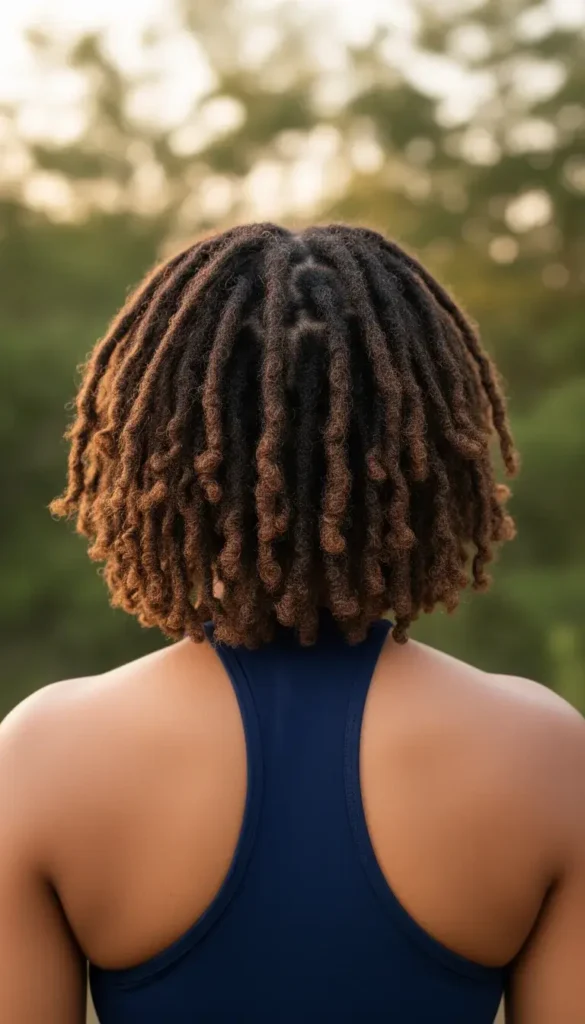 Close-up back view of a woman with collarbone-length butterfly locs in natural dark brown wearing a navy blue halter top.