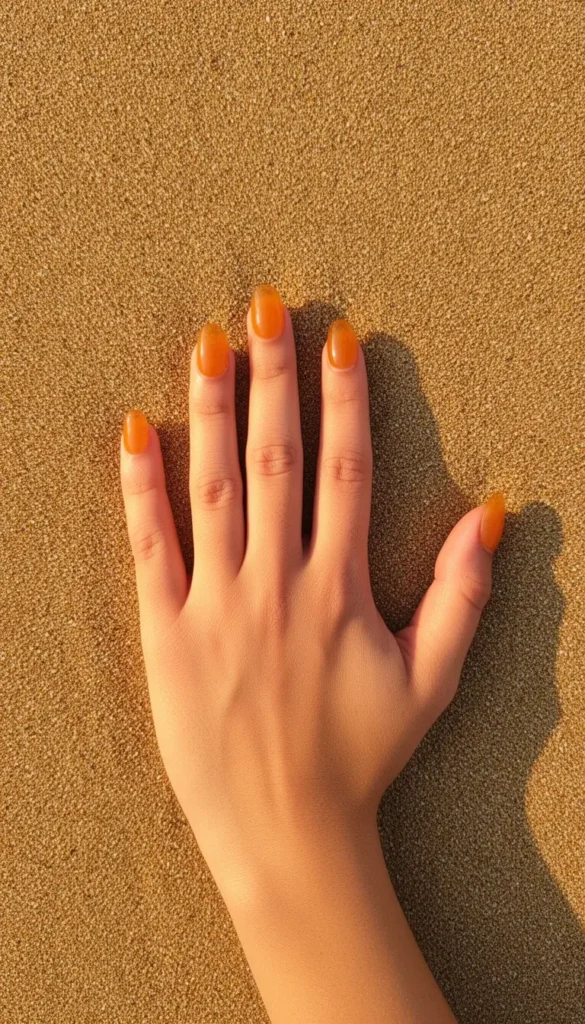 Short rounded amber jelly gel nails photographed from above on a sandy beach in afternoon sun.