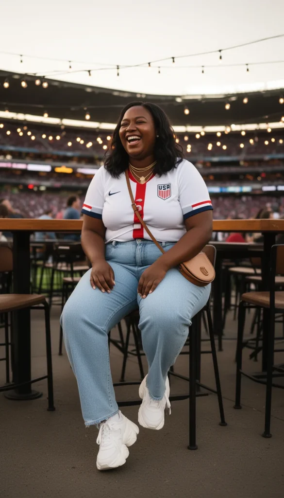 Curvy Black woman in a half-tucked USA jersey and high-waisted jeans laughing at an outdoor watch party.