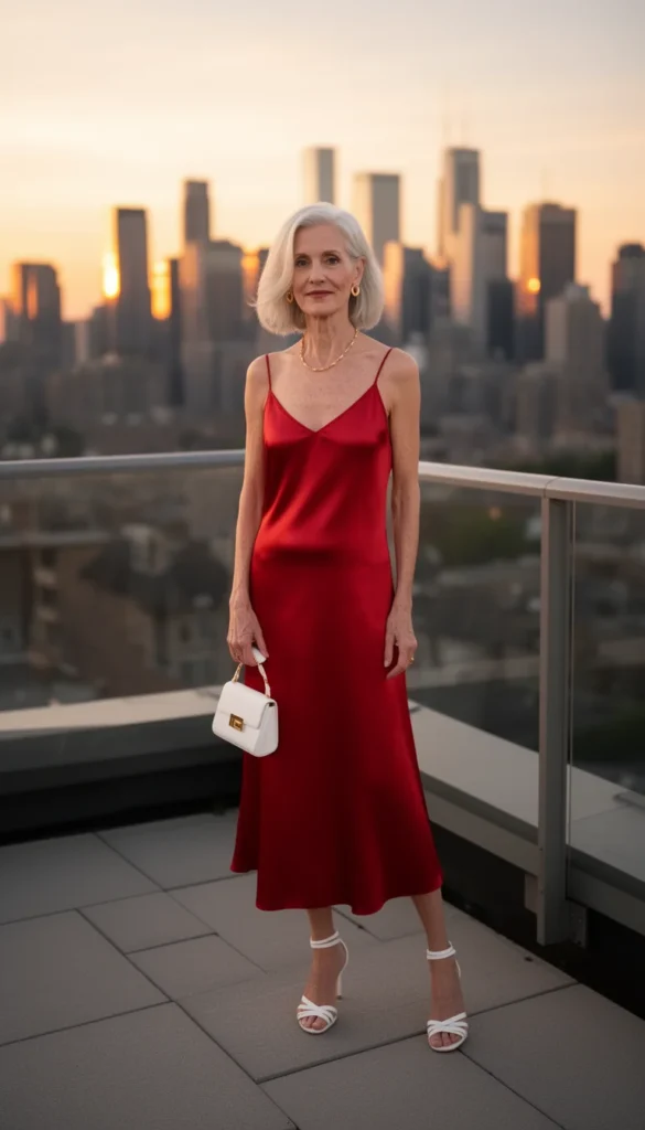 Older woman in a red satin slip dress with white heels at an upscale rooftop World Cup watch party in Toronto.