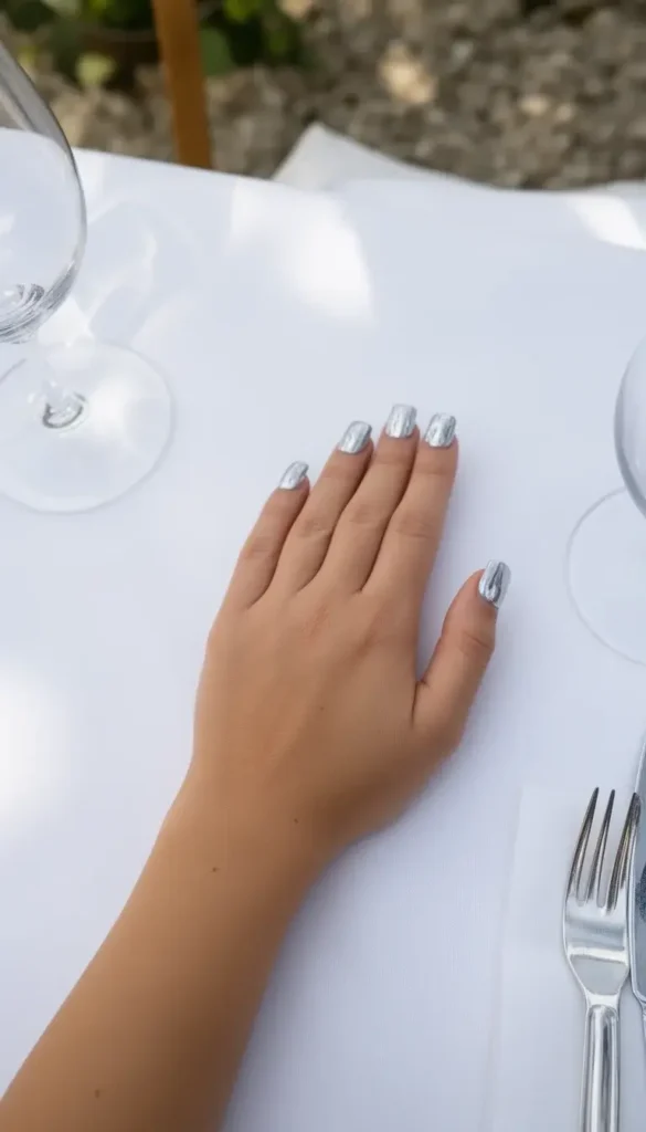 Short square cloud chrome silver nails on a white tablecloth at an outdoor dining setting.