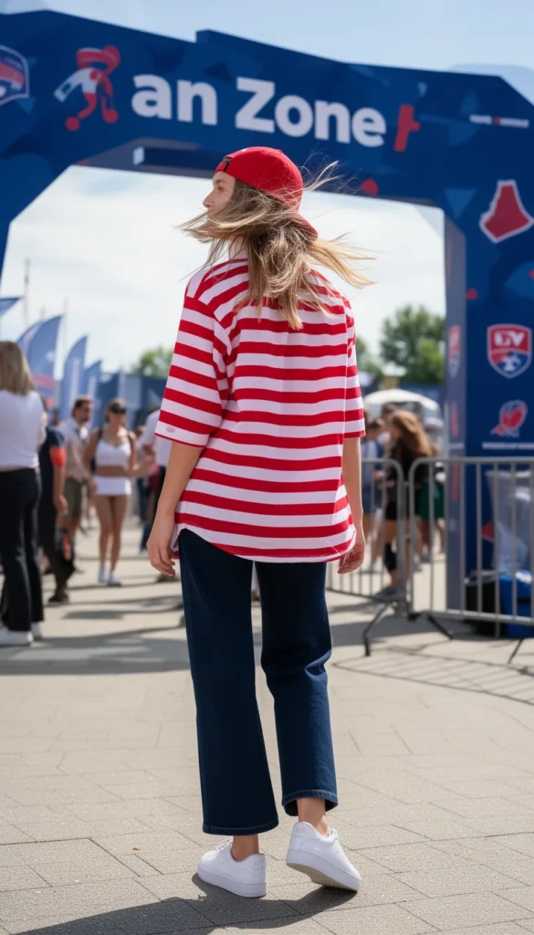 Tall woman in red-and-white striped shirt and navy barrel jeans at a World Cup fan zone entrance, captured mid-step.
