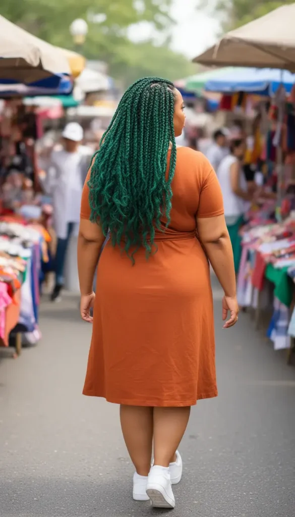 Plus-size woman with forest green jumbo braids walking through a street market in a burnt orange wrap dress.