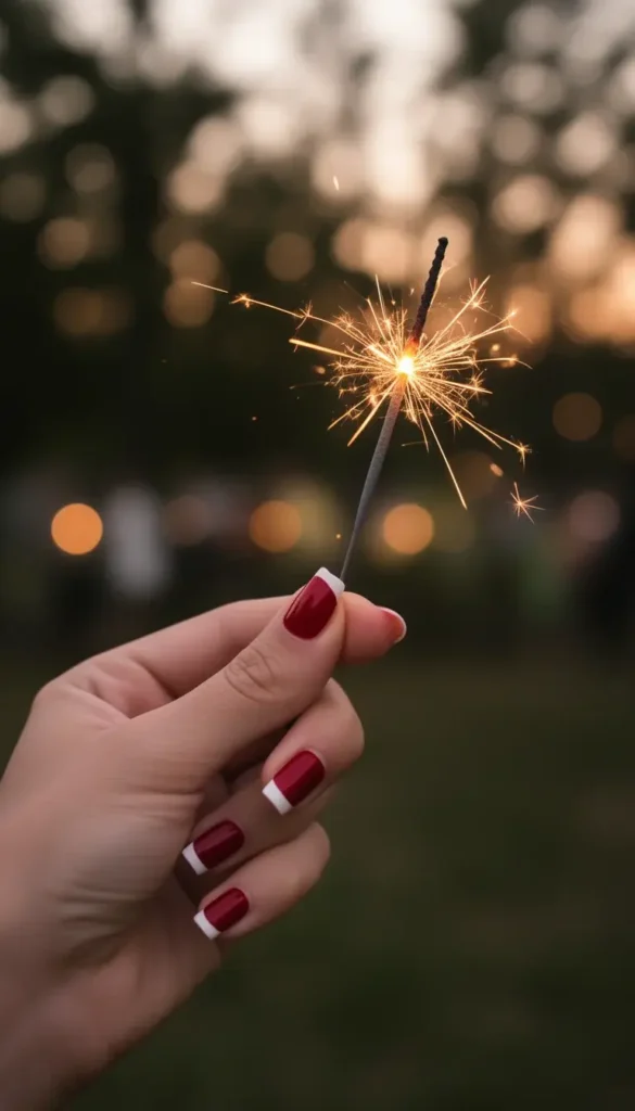 Cherry red nails with a white micro French tip holding a sparkler with warm bokeh lighting.
