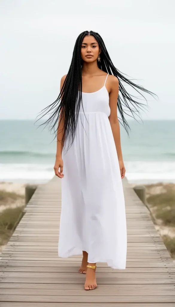 Woman with extra-long jet black knotless box braids standing on a coastal boardwalk in a white sundress.