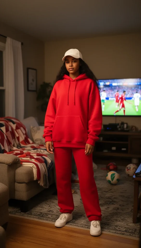Teenage girl in red monochrome hoodie and sweatpants set at a home World Cup viewing party.