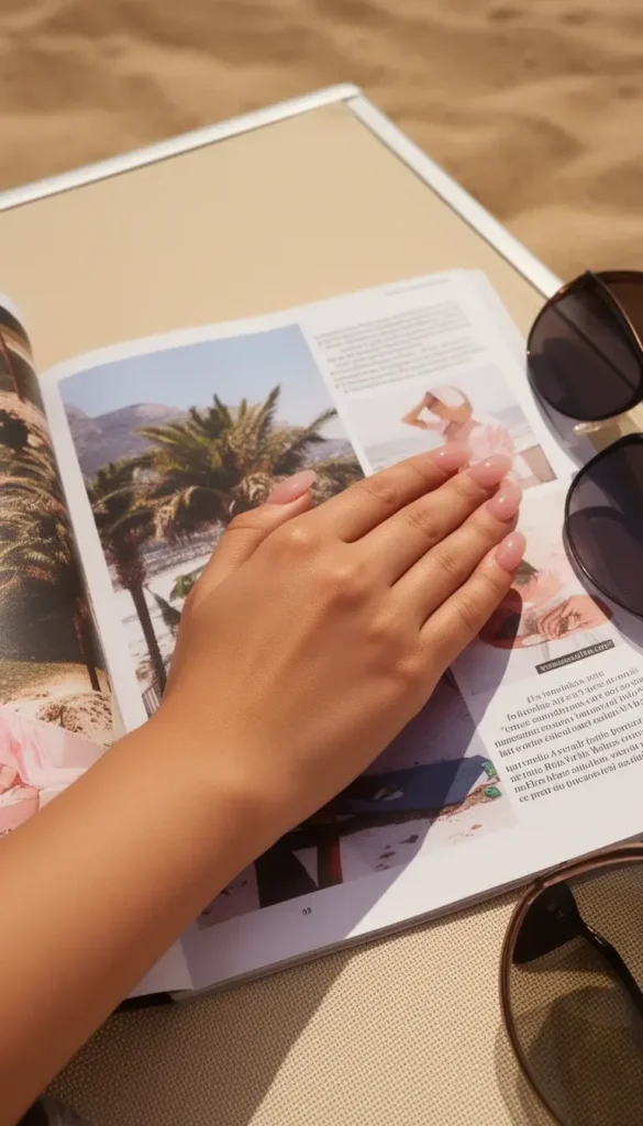 Rose jelly oval gel nails resting on an open magazine at a sun-lounger in warm direct sunlight.