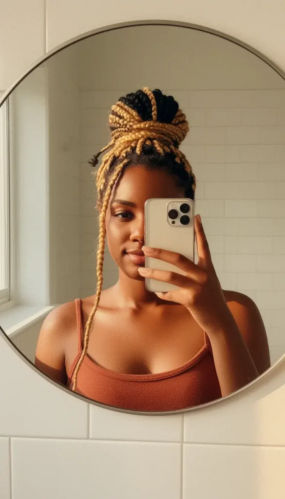 Mirror selfie of a woman with honey blonde knotless box braids in a high bun, wearing a rust spaghetti strap top.