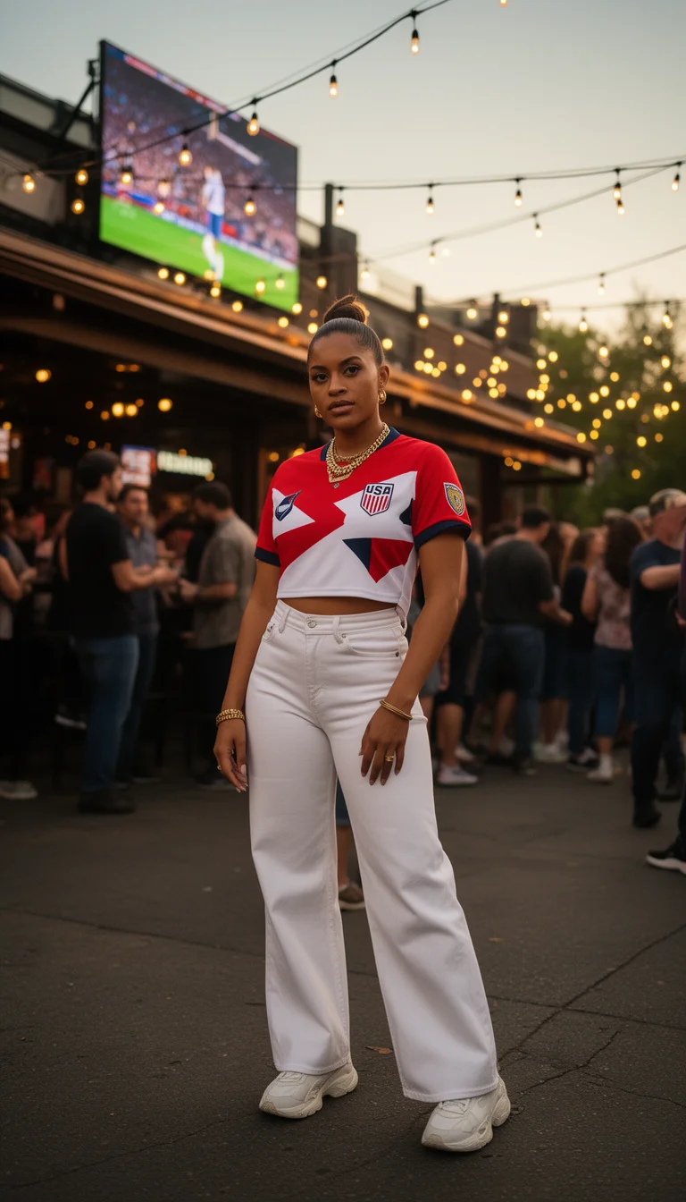 Woman in a styled USA soccer jersey tucked into white wide-leg jeans outside a World Cup watch party bar at dusk.