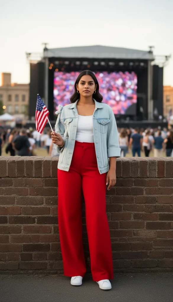 Petite Latina woman in denim jacket and red wide-leg trousers posing against a brick wall at a World Cup fan zone.
