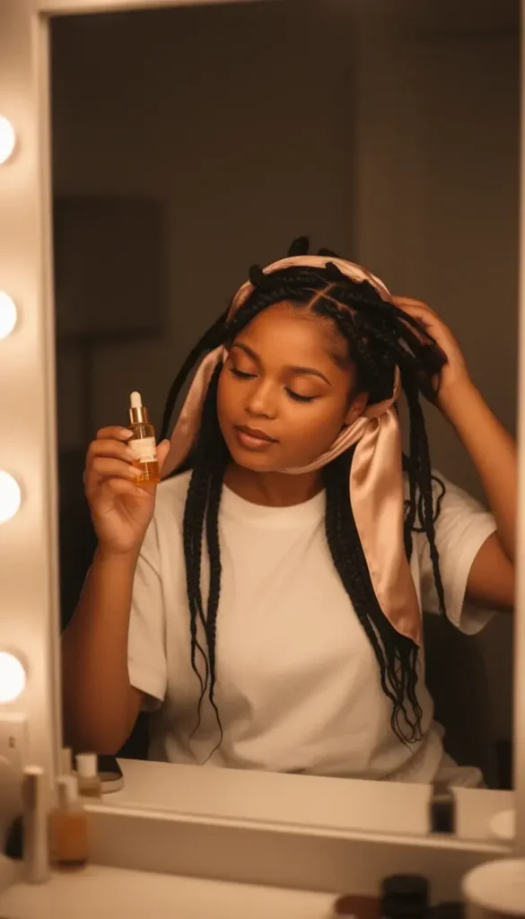 Woman applying scalp oil to her knotless box braids at a vanity mirror at night, partially wrapped in a satin scarf.