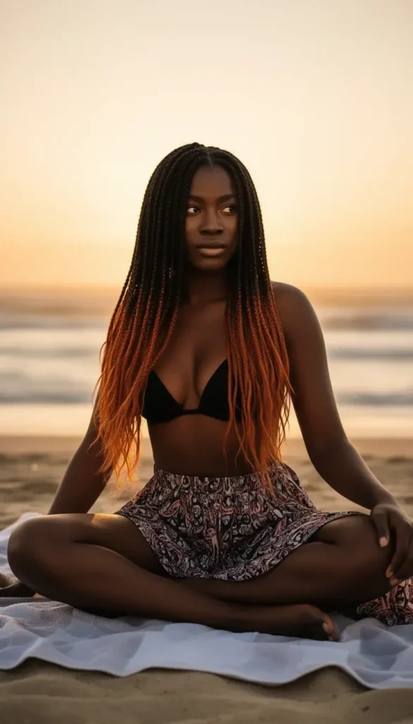 Woman with black and copper ombre micro braids sitting on a beach towel at sunset in a black bikini top and patterned skirt.