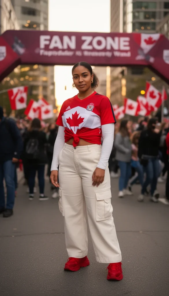 Mixed-race woman in a knotted Canada jersey over a white thermal with cargo pants near a Toronto fan zone.