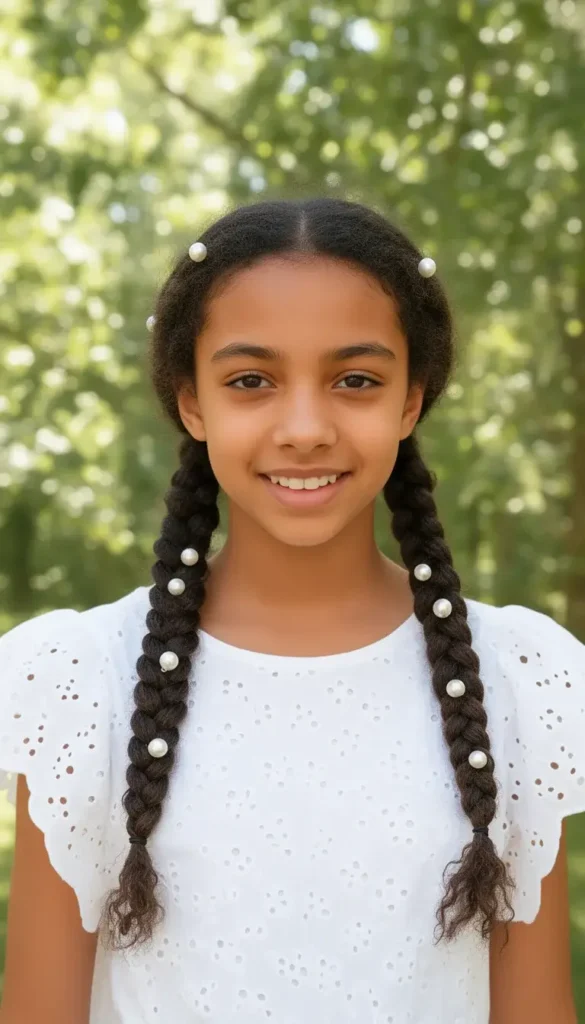 Teenage girl with natural 4C hair in two French braids decorated with pearl pins wearing a white broderie anglaise top.