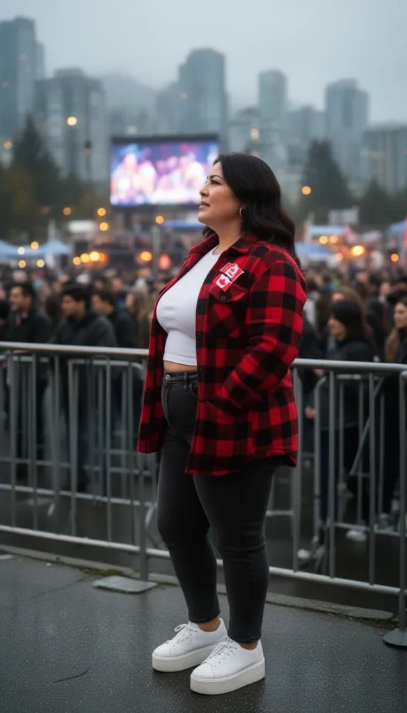 Curvy woman in red plaid flannel and white crop tee at a Vancouver outdoor World Cup fan zone.