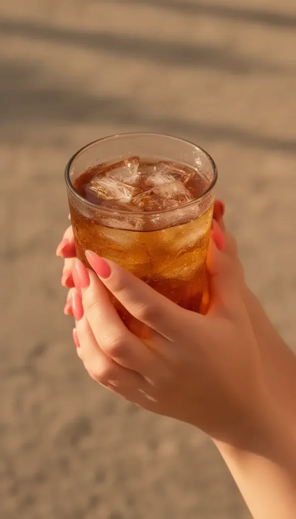 Sheer coral almond gel nails holding a glass of iced tea in warm afternoon outdoor light.