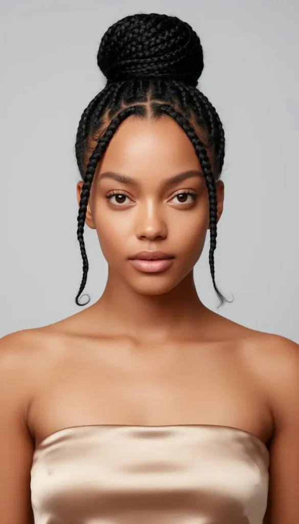Studio portrait of a woman with micro braids in a sleek high bun and loose temple pieces wearing a champagne satin strapless top.