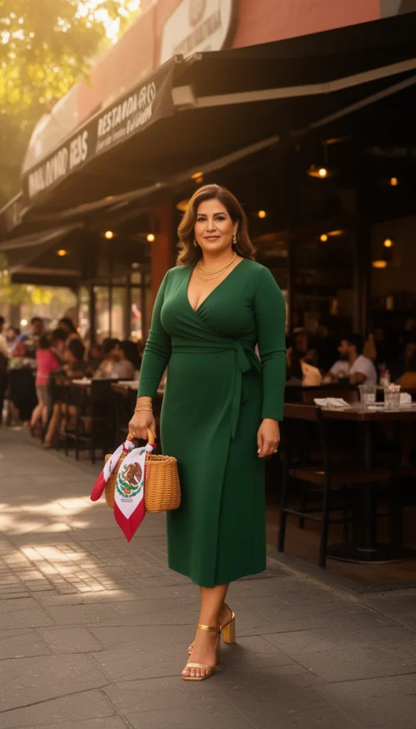 Latina woman in a forest green wrap dress with gold sandals and a Mexico scarf bag at a Guadalajara fan zone restaurant.