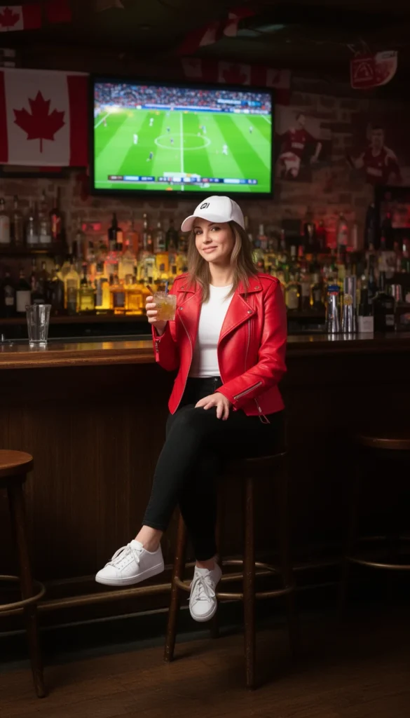 Woman in a red moto jacket and white tee sitting at a sports bar during Canada's World Cup match.