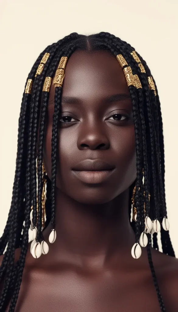 Close-up portrait of a young woman with detailed Fulani braids, gold cuffs at the parts, and cowrie shells at the braid tips.