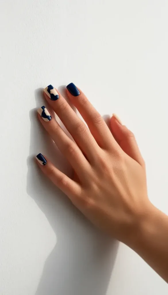 Short square nails with navy and cream negative space abstract art against a white wall.