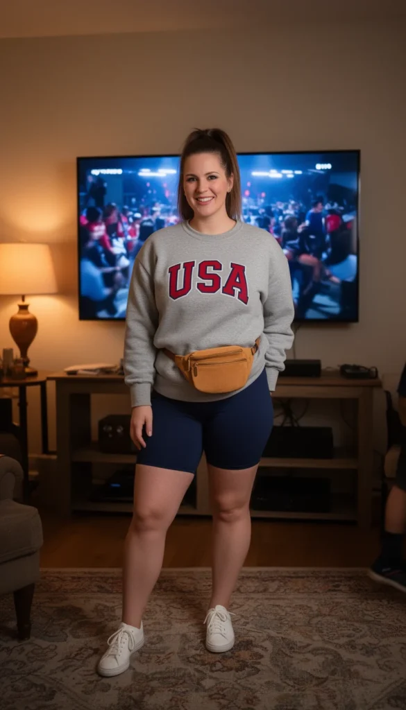 Woman in vintage USA crewneck and navy biker shorts at a relaxed home World Cup watch party.