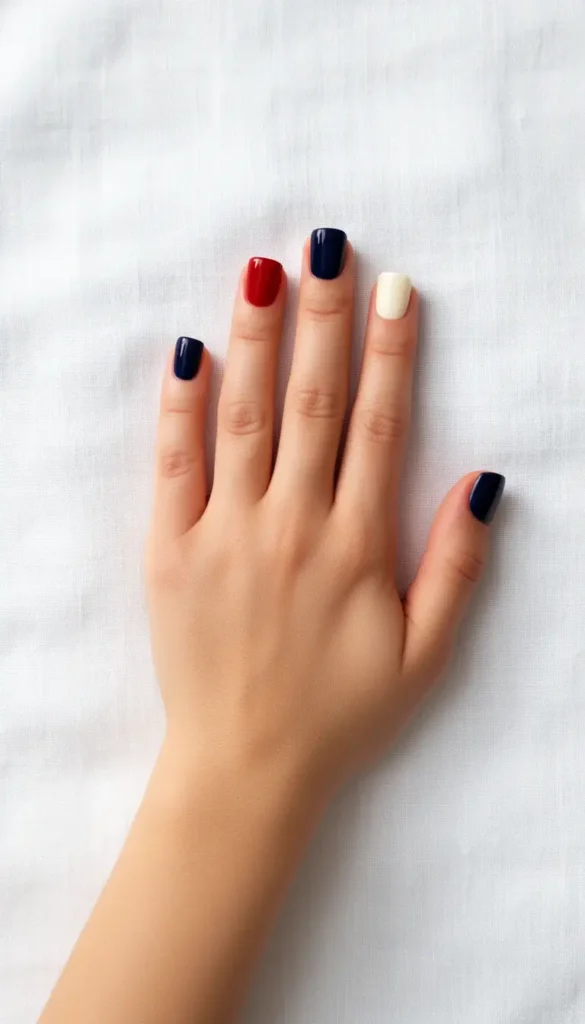 Abstract terracotta and sage brushstroke nail art on almond-shaped gel nails against cream linen.