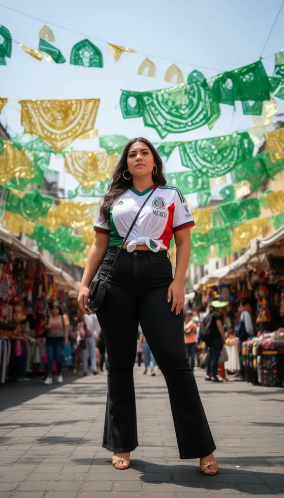 Full-figured Latina woman in a knotted Mexico jersey with flare jeans and gold sandals at a Mexico City fan zone.